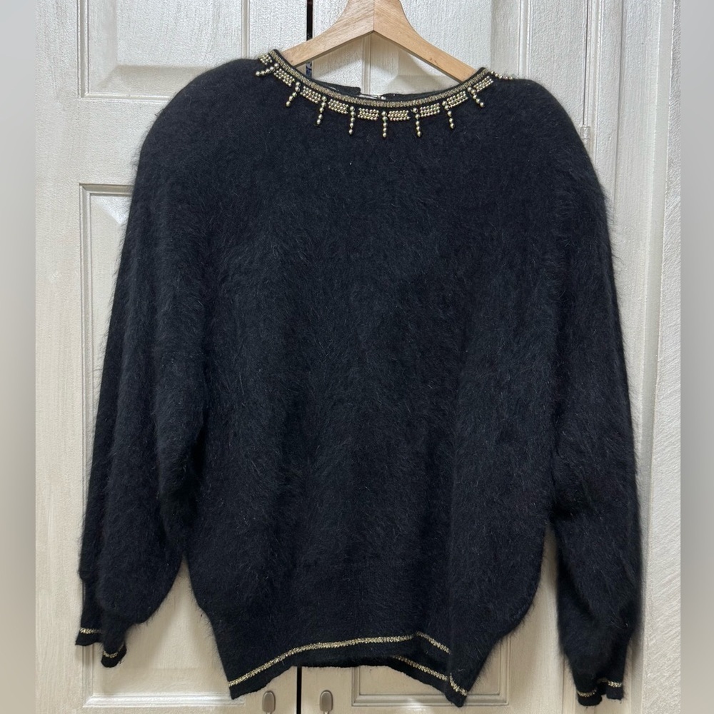 Vintage Nina Austin Women L Black Angora Rabbit Hair Nylon Beads Neck Sweater